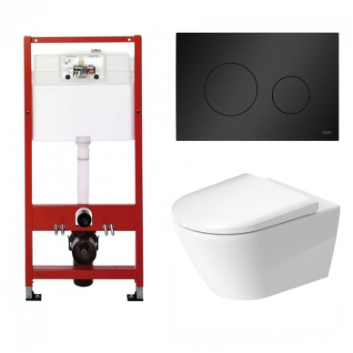 WC rėmo Tece, juodo mygtuko Loop ir klozeto Duravit D-Neo rimless komplektas