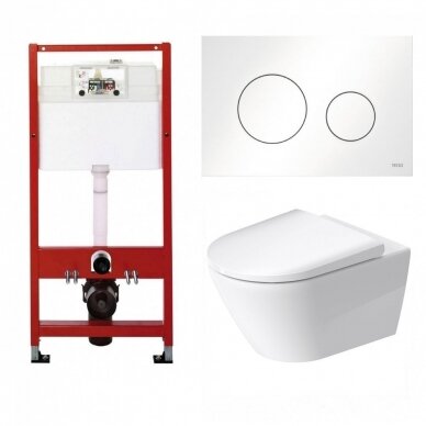 WC rėmo Tece, balto mygtuko Loop ir klozeto Duravit D-Neo rimless komplektas